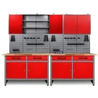 Ondis24 Werkstatt Set Werner 240 cm mit 2 Schränken Rot - Hochwertiges Werkstatt Set mit 240 cm Breite für effizientes Arbeiten. Robuste Buchenholzarbeitsplatten und vielseitige Stauraumlösungen bieten optimale Voraussetzungen für Heimwerker und Profis.