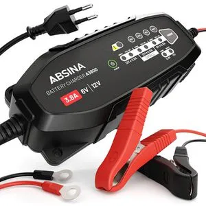 Absina Autobatterie-Ladegerät A3800, 6 V / 12 V, 3,8 A - Universal-Ladegerät mit 8-stufigem Ladevorgang für optimale Batterielebensdauer, inklusive Rettungsfunktion für tiefenentladene Batterien und IP65 Schutz gegen Wasser und Staub.