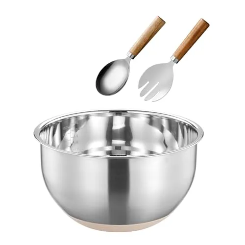 Salatschüssel und Servier-Set, Edelstahl, Salat-Rührschüssel mit Salatlöffel und Gabel, große Metall-Küchenschüssel zum Zubereiten und Servieren, 26 cm, spülmaschinenfest (mit rutschfestem
