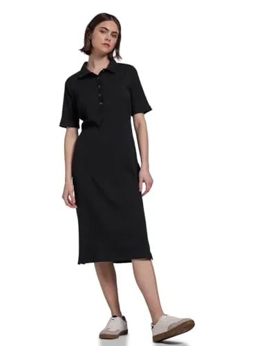 Street One Studio Damen F144452 Kleid mit Rippstruktur, Schwarz, 44 - Freizeitkleid für Damen mit Hemdkragen und dekorativer Knopfleiste, bequem dank Baumwollmix mit Stretchanteil und ideal für lässige Anlässe.