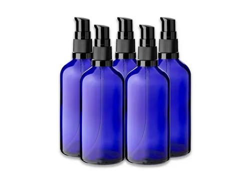 CK Verpackung GmbH Leerglas 5x Blaue Glasflasche 100 ml mit schwarzer Pumpe Dispenserpumpe 18 mm (Set x5)