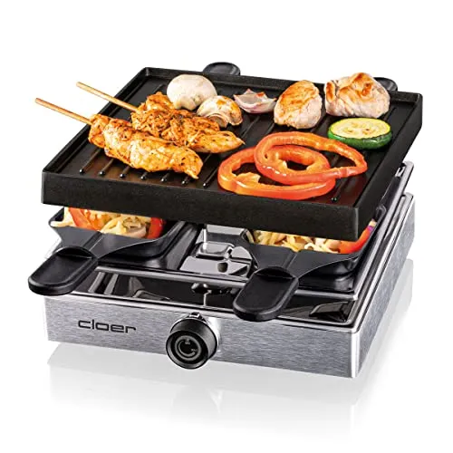 Cloer Raclette-Grill 6454 - Raclette-Grill für 4 Personen mit antihaftbeschichteten Pfännchen und abnehmbarer Grillplatte, ideal für gesellige Abende und einfaches Reinigen.