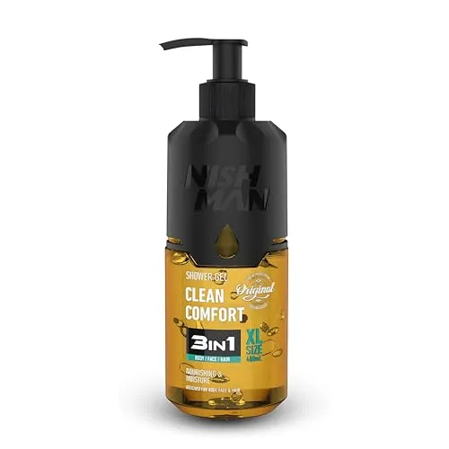 NISHMAN Shower Gel – Clean Comfort 480ml – 3-in-1 Formel for Körper, Haar & Gesicht – Sanfter Täglicher Reiniger for Männer with Belebendem Duft – Feuchtigkeitsspendende Waschpflege for Alle Hauttypen