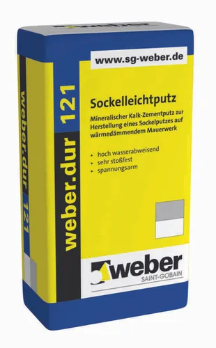 weber.dur 121 Sockelleichtputz 30 kg - Hochwertiger Kalk-Zementputz für Mauerwerk, ideal für Sockelbereiche, sorgt für eine robuste und langlebige Oberfläche.