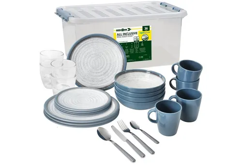 BRUNNER Melamin-Geschirr Campinggeschirr (Antislip) für 4 Personen, Tuscany ALL INCLUSIVE - Geschirr-Set für 4 Personen mit rutschfestem Design und Vintage-Reliefoberfläche, ideal für Camping, Grillen und Picknick. Robustes, spülmaschinenfestes Melamin in edler Porzellanoptik.