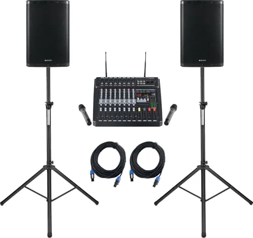 Pronomic Powermake 800 / C-215 MP Set - LIVE SET - Komplettset mit 8-Kanal-Mischpult und 2 Lautsprechern, ideal für Musiker und Redner, bietet 760 Watt RMS-Leistung und Bluetooth-Streaming für perfekte Klangqualität.