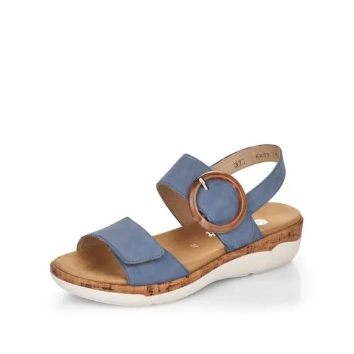 Remonte Riemchensandale mit Keilabsatz - Wanderschuhe mit herausnehmbarem Fußbett und gepolsterter Innensohle für optimalen Komfort. Ideal für warme Sommertage in stilvollem jeansblau.