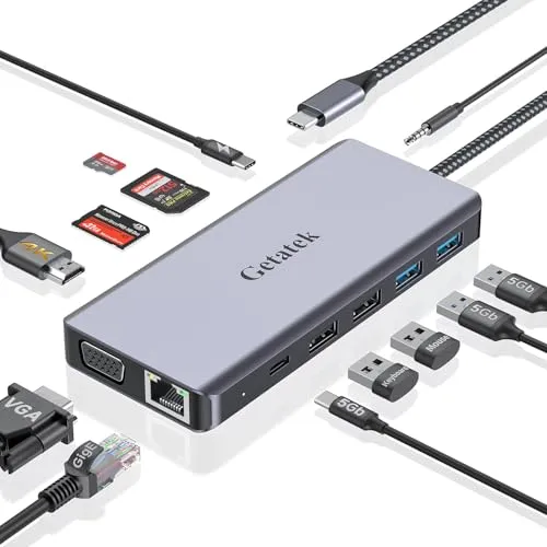 Getatek 12-in-1 Docking Station with 4K HDMI,USB A 3.0 Port and USB C 5Gbps Data Port,VGA,100W PD Charging, Ethernet, SD/TF/MS Card Reader and 3.5MM Audior for MacBook, Acer, Laptops, Surface and More