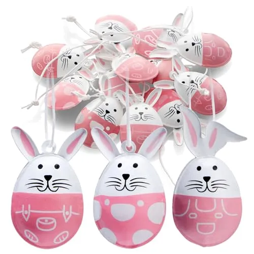 com-four® 12x Dekoaufhänger Ostern - Osterhase in Ei-Form aus robustem Metall - Osterdeko zum Aufhängen an Strauch, Baum, Tür und Fenster - Aufhänger für den Osterstrauß (rosa)