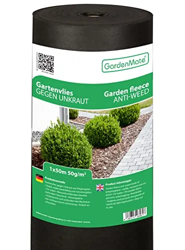 GardenMate 50m² Unkrautvlies Gartenvlies wasserdurchlässig – Unkrautfolie Gartenflies – Unkrautflies auf Rolle 1m x 50m - 50g/m² – Gartenfolie Reißfestes Unkrautschutzvlies - Hohe UV-Stabilisierung