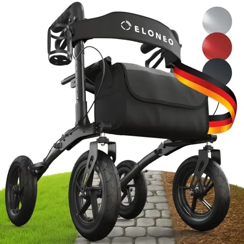 ELONEO Faltbarer Rollator mit Sitz und Luftbereifung - Outdoor Rollator mit ergonomischen, höhenverstellbaren Griffen und hervorragender Dämpfung, ideal für Senioren. Klappbar und platzsparend, mit Sitzfläche und Rückengurt für Komfort und Sicherheit.
