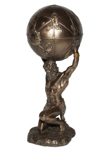 Dekofigur Atlas Titan 21 cm – Träger des Himmels - Stilvolle Dekofigur des Atlas Titan, 21 cm hoch. Aus hochwertigem Marmor und Kunstharz gefertigt, bringt sie einen Hauch griechischer Mythologie in Ihr Zuhause.