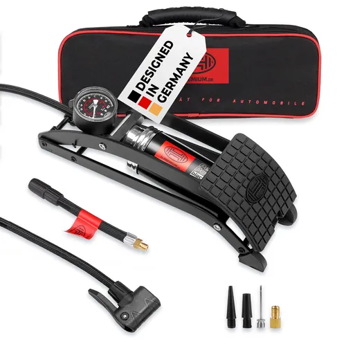 HEYNER Luftpumpe Fußluftpumpe 10 bar + Tasche & Adapter BlackEdition (Set)