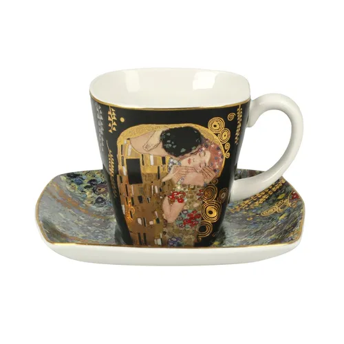 Goebel Espressotasse Gustav Klimt - Der Kuss mit Unterteller - Thermobehälter aus Fine Bone China Porzellan, kunstvoll im Jugendstil mit dem berühmten Motiv 'Der Kuss' von Gustav Klimt, ideal als Geschenk.