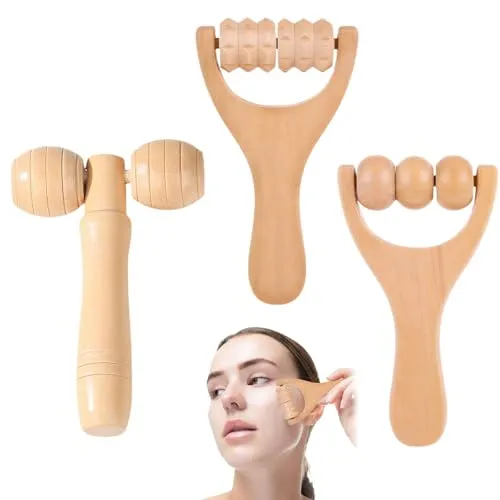 3-Teilig Massageroller Holz,mit Griff Faszienrolle mit Griff Massage Set Holz für Nacken-, Schulter-, Bein-, Fuß- und Rückenmassagen