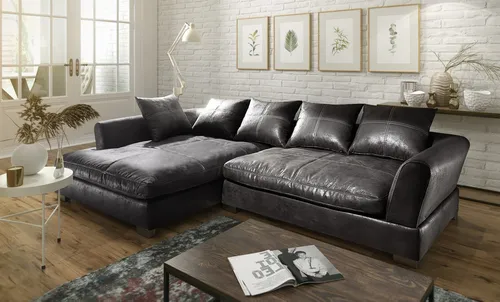 Couchgarnitur TIZIAN L-Form in Wildlederoptik-Schwarz in schwarz von Fun Möbel