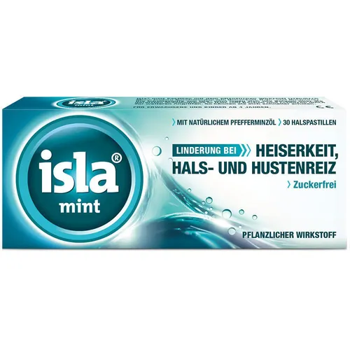 Isla-Mint Pastillen 30 ST - Arzneimittel zur Linderung von Halsbeschwerden, wirken wohltuend und schützen die Schleimhaut bei Hustenreiz, Heiserkeit und trockener Luft.