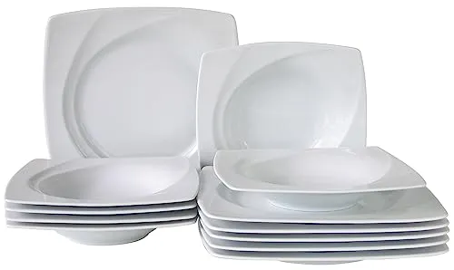 CreaTable Tafelservice Celebration Weiss 12-tlg - Hochwertiges Porzellan-Tafelservice für 6 Personen, spülmaschinengeeignet und in elegantem, quadratischem Design – perfekt für festliche Anlässe!