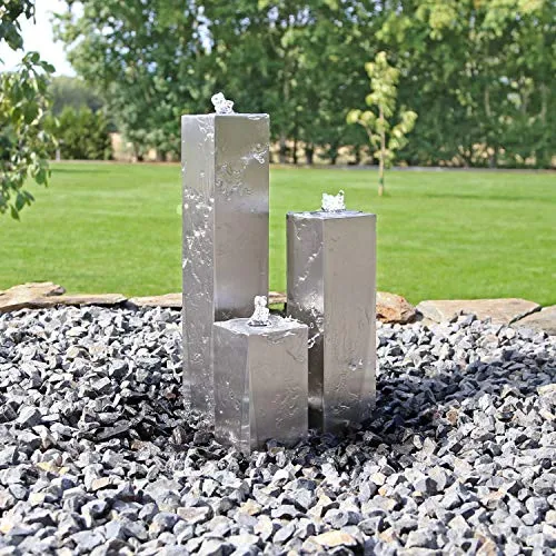 CLGarden Edelstahl Springbrunnen ESB8 - Design Säulenbrunnen mit LED - Brunnenzubehör & Kaskadenzubehör – Eleganter 3-Säulenbrunnen mit LED-Beleuchtung, ideal für Vorgärten. Kompaktes Design mit hochwertigem Wasserspiel und einfachem Aufbau.