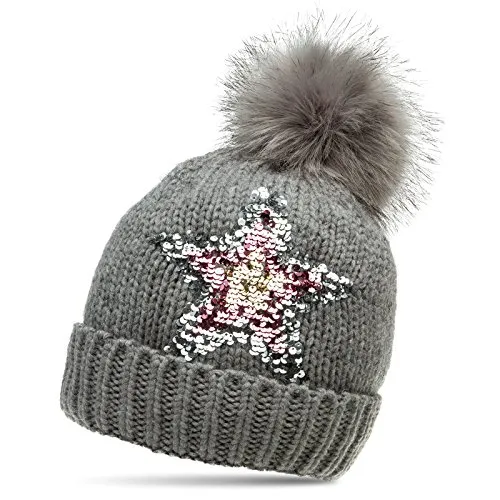 Caspar MU161 Damen Strick Winter Mütze mit Pailletten Stern und großem Fellbommel, Farbe:grau, Größe:One Size