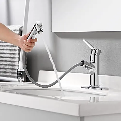 LAZ Home, Badezimmer-Wasserhahn mit herausziehbarem Sprühkopf, Chrom-Kupfer-Einhebel-Küchen-Mischbatterie mit drei Modi, drehbarer Auslauf, heißes und kaltes Wasser, moderne Waschtischarmaturen mit