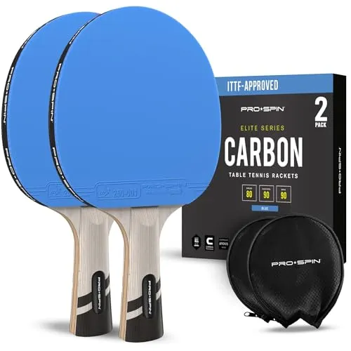 PRO-SPIN Tischtennisschläger – ITTF-zugelassener Carbon Profischläger für überlegene Präzision und Spin | Profi-Obergummi, 2,0 mm Schwammstärke, Schutzhülle (Blau, 2er-Pack)