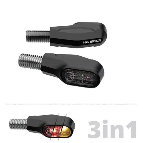 HIGHSIDER VENTURA-X 3in1 LED Rücklicht, schwarz - Motorradlampen: Modernes 3in1 Rücklicht mit flacher Bauform, kombiniert Rück-, Bremslicht und Blinker in einem eleganten, schwarzen Aluminiumgehäuse.