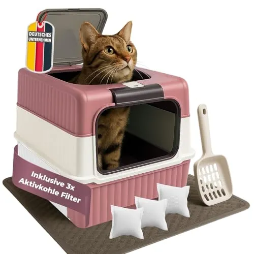 Coemo Katzentoilette mit Deckel Rosa - Katzentoilette mit geruchsbindendem Aktivkohlefilter, praktischer Schublade für einfache Reinigung und schwenkbarer Pendeltür - ideal für ein sauberes Zuhause.