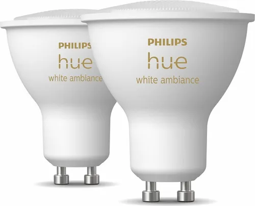 Philips HueWA 4.3W GU10 2-er Set Smart LED Leuchtmittel - Leuchtmittel, dimmbar und energiesparend mit einer Lebensdauer von bis zu 19.999 Stunden für eine nachhaltige Beleuchtung.