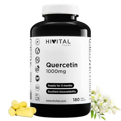 Quercetin 1000 mg. 180 vegane Kapseln für eine 3-monatige Kur. Natürlicher Extrakt aus Saphora Japonica-Blüten mit 95% Quercetin. Natürliches Bioflavonoid. Hergestellt von HIVITAL
