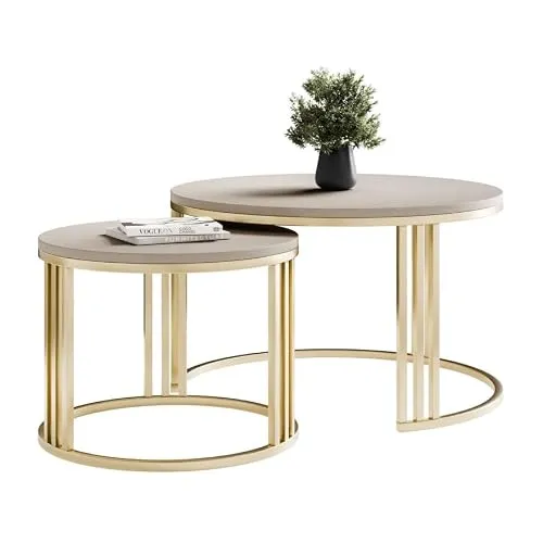 Runder Couchtisch 2in1 LORI MAT in gebürstetem Gold und mattem Kaschmir-Beige