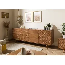 Massivmoebel24 Sideboard Akazie, 210x42x75 cm - Sideboard aus massivem Akazienholz, mit attraktivem Wabenmuster, bietet großzügigen Stauraum und vereint Retro-Design mit Funktionalität.