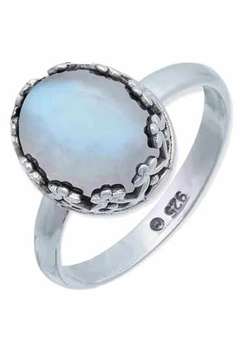 mantraroma Damen Ring Silber mit Stein Regenbogen Mondstein Edelstein weiß dezent verspielt
