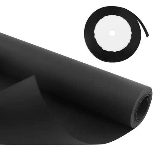 m x 38 cm Rolle schwarzes mattes Kraftpapier für Bastelarbeiten, Kraftpapier, großes Format, für Hochzeit, Geburtstag, mit 1 Rolle schwarzes Band mit Goldrand 10
