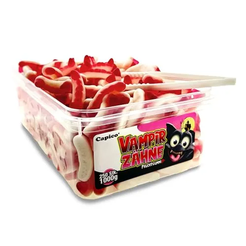Capico Vampirzähne Fruchtgummi (1000g) in Dose, Halal in pink von Tise Süsswaren