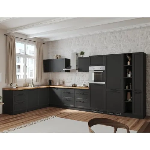 Winkelküche Küche Einbauküche Küchenzeile L-Form 420/240 cm mit E-Geräten in grau, Arbeitsplatte in Eiche, inkl. Dunstabzugshaube, Induktionskochfeld, Backofen, Geschirrspüler, Kühlgefrierkombi