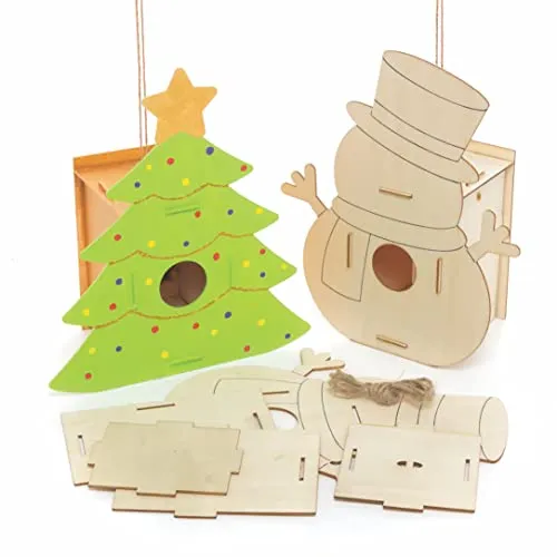 Baker Ross FC167 Weihnachtshaus Vogelhaus Holz Bastelset - 2er Pack, Nistkästen für Vögel zum Bemalen und Basteln für Kinder Set