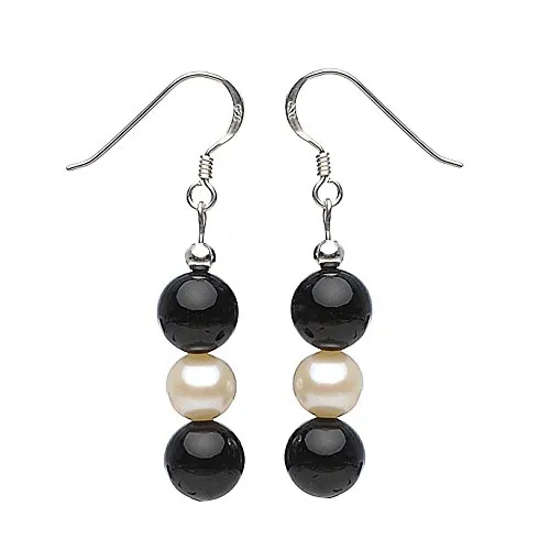 Ohrringe Ohrhänger aus Onyx & SüÃŸwasserperlen 925 Silber Ohrschmuck Damen