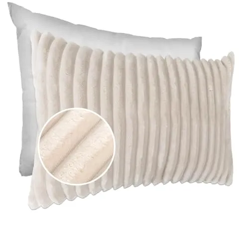 Dekokissen Kissenbezug Sofakissen Pillow Plüsch Kuschelkissen Zierkissen Cord Kissen Couchkissen Kord Kissenhülle ultraweich gestreift Lilli 30x50cm mit Füllung Elfenbein