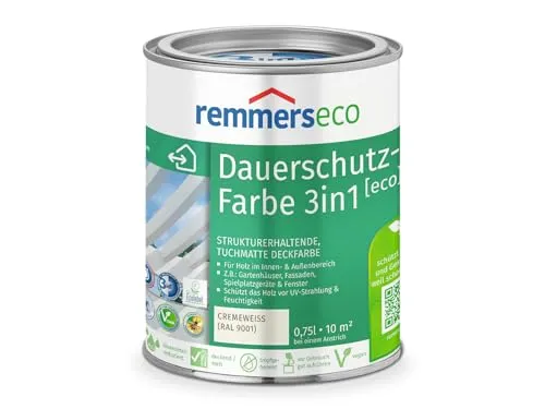 Remmers Dauerschutz-Farbe 3in1 [eco] cremeweiß, 0,75 Liter - Grundierungen – Wasserbasierte Deckfarbe mit EU Ecolabel, vereint Isoliergrund, Zwischen- und Schlussbeschichtung in einem Produkt für optimale Anwendung auf Holz innen und außen.