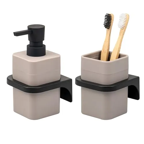 bremermann Badezimmer-Set Savona 2tlg. mit Soft-Touch Oberfläche - Praktisches 2-teiliges Set bestehend aus Seifenspender und Zahnputzbecher, inkl. flexibler Wandhalterung. Modernes Design mit matter Oberfläche - ideal für eine stilvolle und aufgeräumte Badgestaltung!