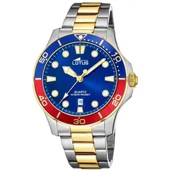 Lotus Herren Analog Quarz Uhr 18760/4 mit Edelstahl Armband - Elegante Armbanduhr für Herren mit blauem Ziffernblatt, goldenen Akzenten und verstellbarem Edelstahlarmband. Wasserdicht bis 10 bar - ideal für stilbewusste Männer.