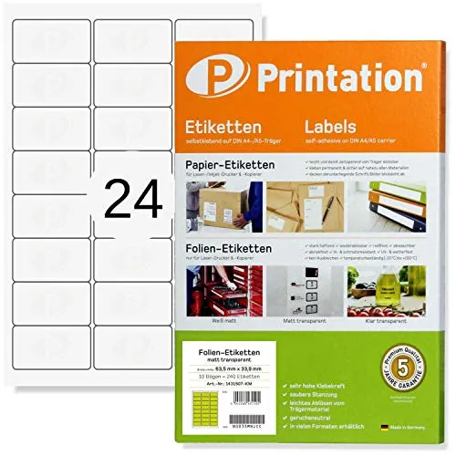 Printation Folien-Etiketten transparent matt 63,5 x 33,9 mm - 10 Blatt / 24 Aufkleber wasserfest pro A4 Bogen 3x8-240 Sticker selbstklebend 63,5x33,9 Laser-Drucker bedruckbare Klebefolie transparent