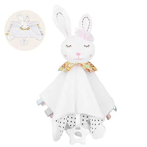 Vicloon Musselin-Schmusetuch, Schmusetuch Hase mit Knisterfolie und Glöckchen, Weich und Waschbar schmusetuch Junge mädchen,Plüschdecke 28 x 27 cm-Weiß