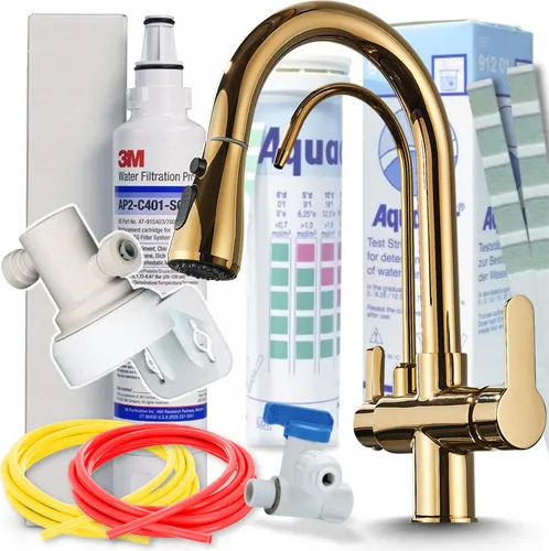Ari Nordic 3-Wege Küchenarmatur Gold Ausziehbar mit 3M AP2-C405-SG Trinkwasserfilter Untertisch Wasserfiltersystem