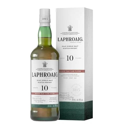 Laphroaig 10 Jahre Sherry Oak Finish | Islay Single Malt Whisky - Whisky mit Geschenkverpackung, verbindet süße Oloroso Sherry-Noten mit torfigem Charakter und medizinischen Aromen, ideal als Geschenk für Whisky-Liebhaber.