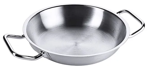 Contacto Bratpfanne / Paellapfanne 20 cm - Pfanne aus Edelstahl 18/10, ideal für Paella und Braten, mit zwei Kaltgriffen und Schüttrand, induktionsgeeignet für gleichmäßige Wärmeverteilung.