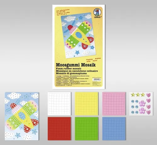 BASTELMAPPE MOOSGUMMI MOSAIK FLUGZEUG BASTELN KLEBEN NACH ZAHLEN NEU