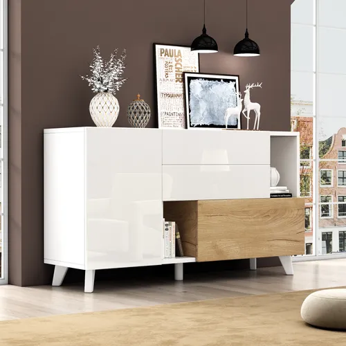 MODFU Sideboard,VitrineKommode,moderner Wohnzimmerschrank,Aufbewahrungsschrank,Schrank mit Hochglänz,Beistellschrank,Buffetschrank,Weiß+Helle Eiche