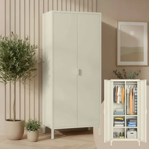 skølm Ituri Metallschrank Beige – Moderner Kleiderschrank im Industrial Style - Vielseitiger Metallschrank mit 6 Fächern und 2 Kleiderstangen für optimalen Stauraum. Mit kompakten Maßen von 170 x 45 x 80 cm ist er perfekt für Flur, Wohnzimmer oder Schlafzimmer geeignet.